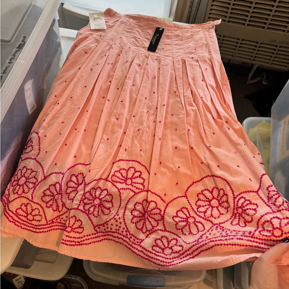 Persaman New York Peach Floral Embroidered Midi Skirt